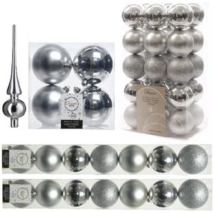 Kerstversiering kunststof kerstballen met glazen piek zilver 6-8-10 cm pakket van 49x stuks - Kerstboomversiering