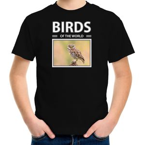 Dieren foto t-shirt Steenuil - zwart - kinderen - birds of the world - cadeau shirt uilen liefhebber - kinderkleding / kleding