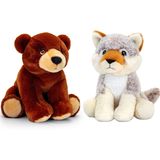Keel Toys - Pluche knuffels combi-set dieren wolf en bruine beer 25 cm
