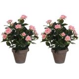 2x Roze rozen kunstplant 33 cm in pot stan grey - Kunstplanten/nepplanten