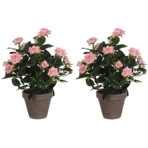 2x Roze rozen kunstplant 33 cm in pot stan grey - Kunstplanten/nepplanten