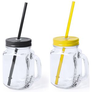 4x stuks Glazen Mason Jar drinkbekers met dop en rietje 500 ml - 2x zwart/2x geel - afsluitbaar/niet lekken/fruit shakes