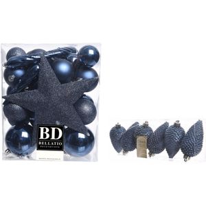 Kerstversiering kunststof kerstballen en hangers donkerblauw 5-6-8 cm pakket van 39x stuks - Met ster vorm piek van 19 cm