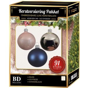 Kerstballen set 91-delig voor 150 cm boom - zilver/donkerblauw/lichtroze Kerstversiering