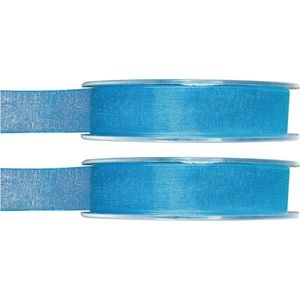 2x Hobby/decoratie turquoise organza sierlinten 1,5 cm/15 mm x 20 meter - Cadeaulint organzalint/ribbon - Striklint linten blauw