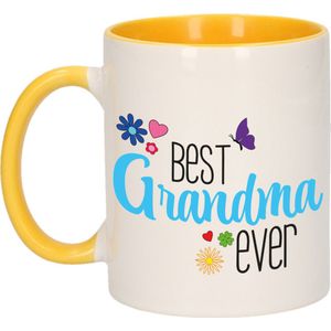 Bellatio Decorations Cadeau koffie/thee mok voor oma - geel/blauw - beste oma - keramiek - 300 ml