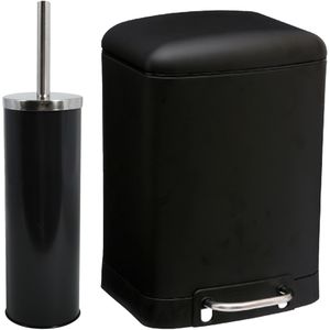 MSV Badkamer accessoires set - zwart - metaal - pedaalemmer 6L en toiletborstel in houder