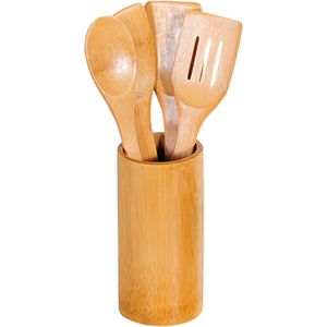 Bamboe houten keukengerei set spatels en lepels in ronde houder - Spatels en pollepels