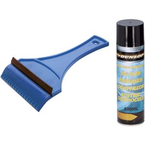 Functionele ijskrabber met rubberen trekker blauw van 18 cm met ruiten ontdooier spray set - autoramen met vorst