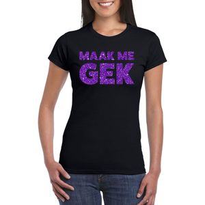 Zwart Maak Me Gek t-shirt met paarse glitter letters dames - Themafeest/feest kleding