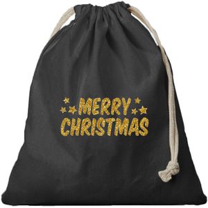 2x Kerst Merry Christmas gouden glitters cadeauzakje zwart met sluitkoord - katoenen / jute zak - Kerst cadeauverpakking zakjes