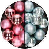 Kunststof kerstballen 6 cm - 24 stuks - roze en lichtblauw