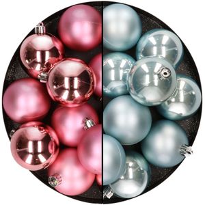 Kunststof kerstballen 6 cm - 24 stuks - roze en lichtblauw