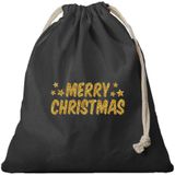 1x Kerst Merry Christmas gouden glitters cadeauzakje zwart met sluitkoord - katoenen / jute zak - Kerst cadeauverpakking zakjes