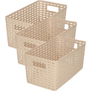 6x stuks rotan gevlochten opbergmand/opbergbox kunststof - Taupe - 15 x 28 x 13 cm - Kast mandjes