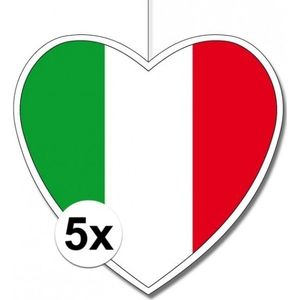 5x Hangdecoratie hart Italie14 cm - Italiaanse vlag EK/WK landen versiering