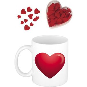 Valentijnsdag cadeau set koffie mok/beker Love hartje met deco strooi hartjes - Hartjes/liefde thema