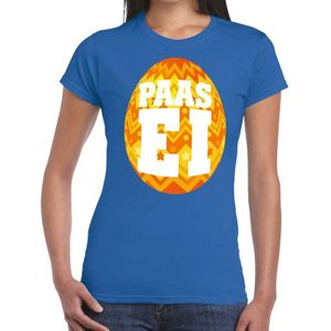 Blauw Paas t-shirt met oranje paasei - Pasen shirt voor dames - Pasen kleding