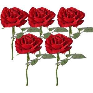 Top Art Kunstbloem Roos de luxe - 5x - rood - 30 cm - kunststof steel - decoratie bloemen