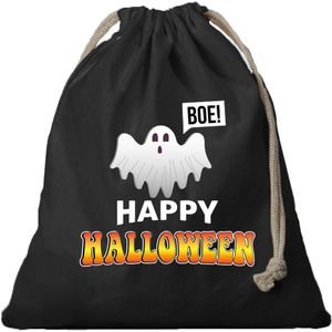 1x Spook / happy halloween canvas snoep tasje/ snoepzakje zwart met koord 25 x 30 cm - snoeptasje halloween