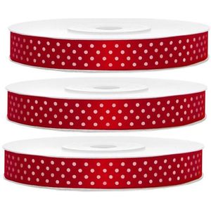 3x Hobby/decoratie rode satijnen sierlinten met witte stippen1,2 cm/12 mm x 25 meter - Cadeaulinten satijnlinten/ribbons - Rode linten met witte stippen- Hobbymateriaal benodigdheden - Verpakkingsmaterialen