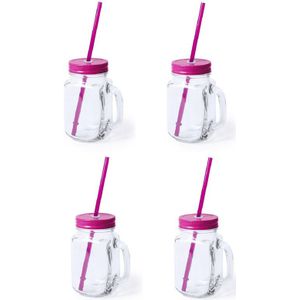 6x stuks Glazen Mason Jar drinkbekers roze dop en rietje 500 ml - afsluitbaar/niet lekken/fruit shakes