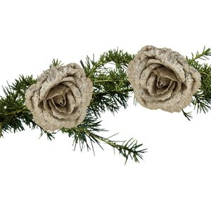 Kerstboom bloemen op clip - 2x stuks - champagne - kunststof - 18 cm