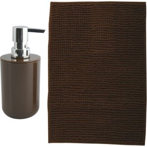 MSV badkamer droogloop mat - Milano - 40 x 60 cm - met bijpassende kleur zeeppompje - bruin