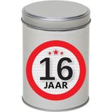 Cadeau/kado zilver rond blik 16 jaar 13 cm - Snoepblikken - Cadeauverpakking voor verjaardag