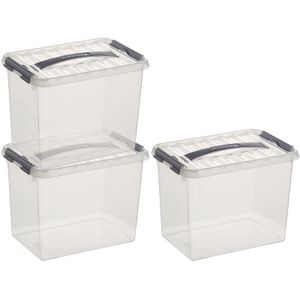 3x Sunware Q-Line opberg boxen/opbergdozen 9 liter 30 x 20 x 22 cm kunststof- Opslagbox - Opbergbak kunststof transparant/zilver