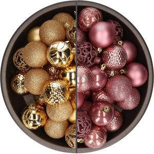 Bellatio Decorations Kerstballen mix - 74-delig - oudroze en goud - 6 cm - kunststof