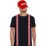 Brabant vlag thema kleur carnaval verkleedset rood/witte cap/pet en bretels voor volwassenen