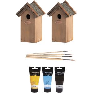 2x stuks houten vogelhuisjes/nestkastjes 22 cm - in het zwart/geel/lichtblauw - Dhz schilderen pakket + 3x tubes verf en kwasten