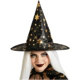 Halloween heksenhoed - met sterren - one size - zwart/goud - meisjes/dames - verkleed hoeden