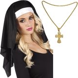 4x stuks nonnen carnaval verkleed setje van hoofdkap kraag en gouden kruis aan ketting - Verkleedkleding - Vrijgezellenfeestje dames
