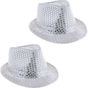 Funny Fashion Carnaval verkleed Trilby hoedje met glitter pailletten - 2x - zilver - heren/dames