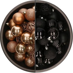 Bellatio Decorations Kerstballen mix - 74-delig - camel bruin en zwart - 6 cm - kunststof