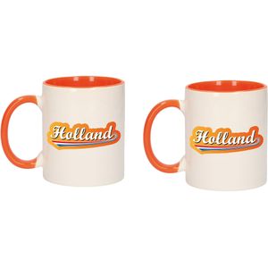 2x stuks Holland met lettercontour beker / mok wit en oranje - 300 ml - oranje supporter / fan