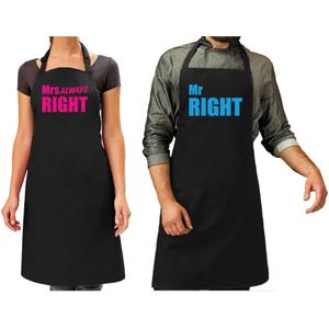 Mr Right en Mrs Always Right cadeau schorten set zwart en blauw/roze volwassenen - cadeau bruiloft