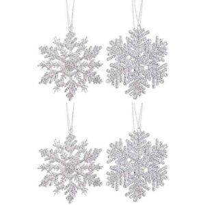 4x Kersthangers figuurtjes zilveren sneeuwvlok/ster 12 cm glitter - Sneeuw thema kerstboomhangers - Kerstboomversieringen koper