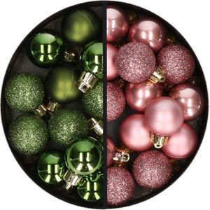 Kerstballen 34x st - 3 cm - groen en oudroze - kunststof