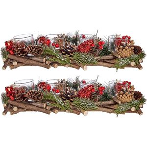 Set van 2x stuks kerst thema kaarsenhouders ornamenten red/green nature 40 x 16 x 8 cm - Voor 4x kaarsjes - Tafel decoratie