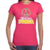 Toppers Jaren 60 Flower Power verkleed shirt roze met gele letters dames - Sixties/jaren 60 kleding