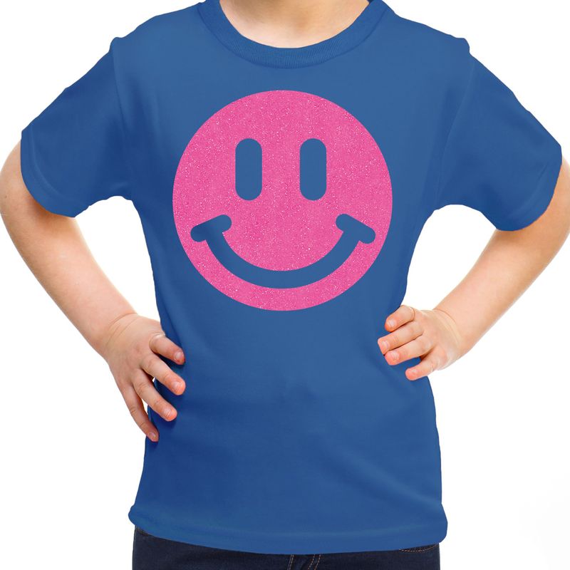 Bellatio Decorations T-shirt voor meisjes - smiley - blauw  -  kinderen