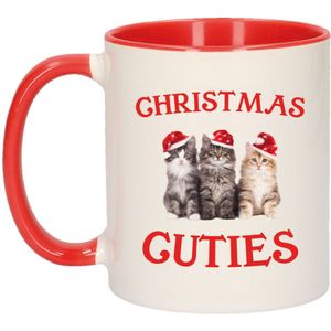 Cadeau kerstmok rood Christmas cuties met kittens - 300 ml - keramiek - koffiemok / theebeker - Kerstmis - kattenliefhebbers