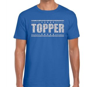 Blauw Topper shirt in zilveren glitter letters heren - Toppers dresscode kleding