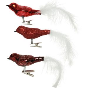 9x stuks decoratie vogels op clip glans/glitter rood 8 cm - Decoratievogeltjes/kerstboomversiering/bruiloftversiering