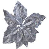 3x stuks decoratie bloemen kerststerren zilver glitter op clip 23 cm - Decoratiebloemen/kerstboomversiering
