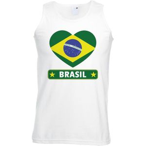 Brazilie singlet shirt/ tanktop met Braziliaanse vlag in hart wit heren