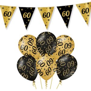 Leeftijd verjaardag feestartikelen pakket vlaggetjes/ballonnen 60 jaar zwart/goud - 12x ballonnen/2x vlaggenlijnen